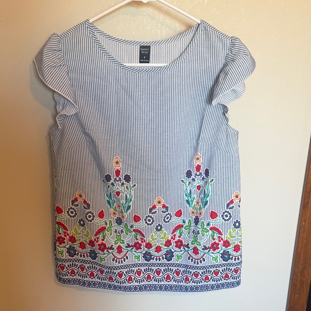 Knox Rose Blue and White Striped Floral Blouse